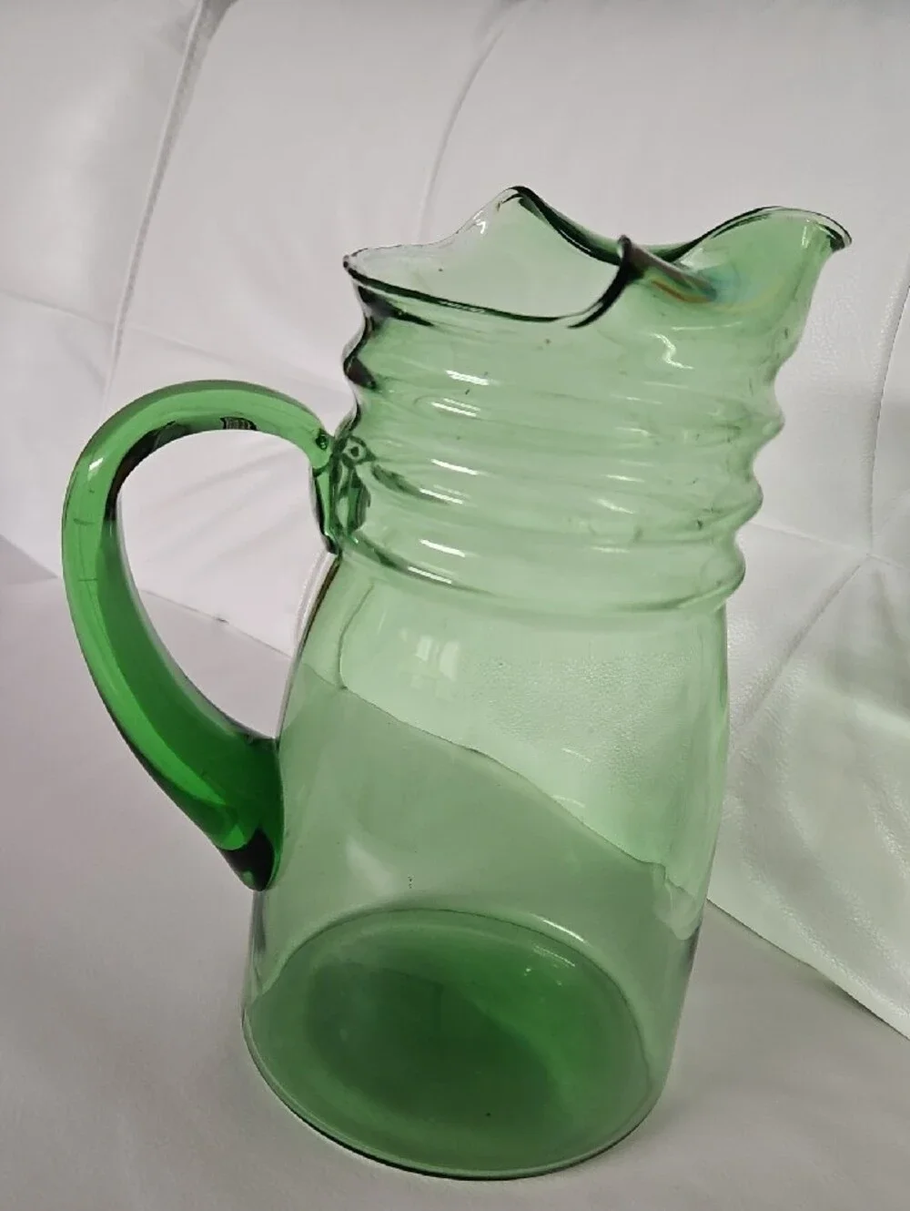 Green Glass Pitcher with Curved Handle